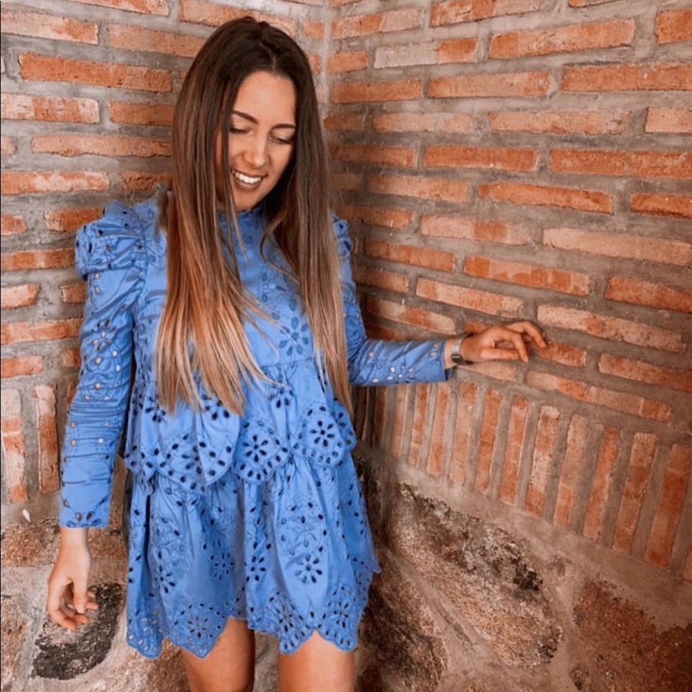NWT Zara Blogger Fav Blue Embroidered Eyelet Dress - Picture 6 of 8